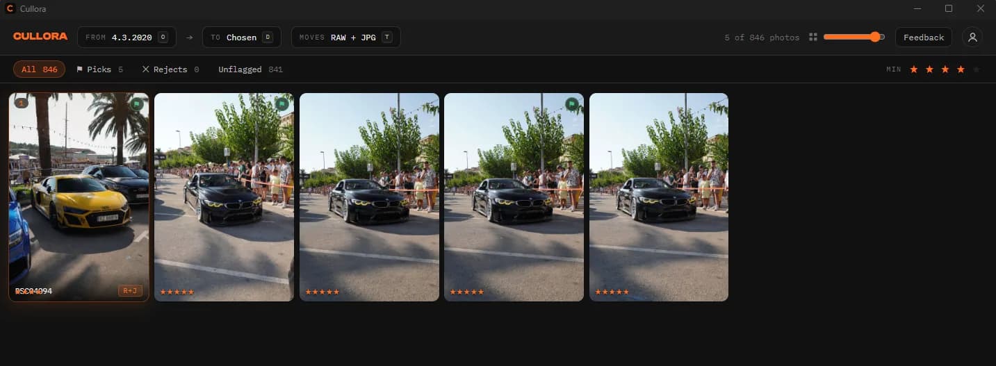 The Cullora grid with a four-star minimum filter applied, showing only the frames that meet it while the counter tracks how many of the shoot remain visible.