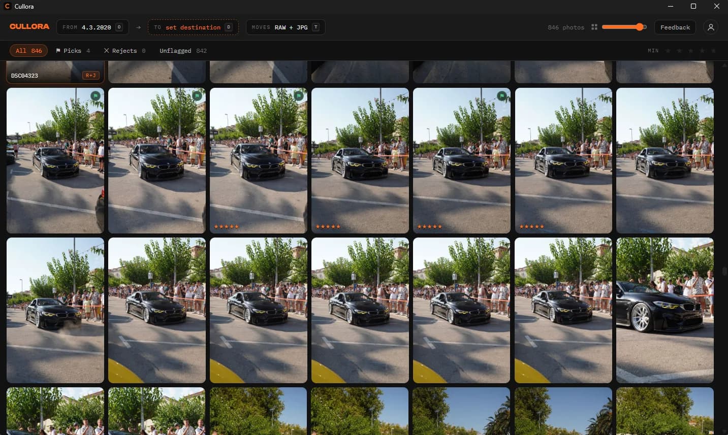 The Cullora grid part-way through the same 846 frame car meet: rows of near-identical frames from one burst, four already flagged as picks, several rated five stars, with the source folder, destination and RAW+JPG transfer mode along the top bar.